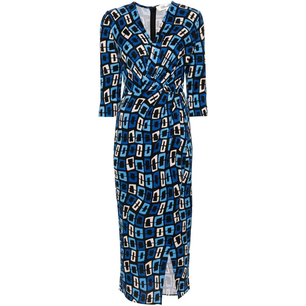 Diane Von Furstenberg Geometrische Zijden Jurk met Gedrapeerd Detail Blue Dames