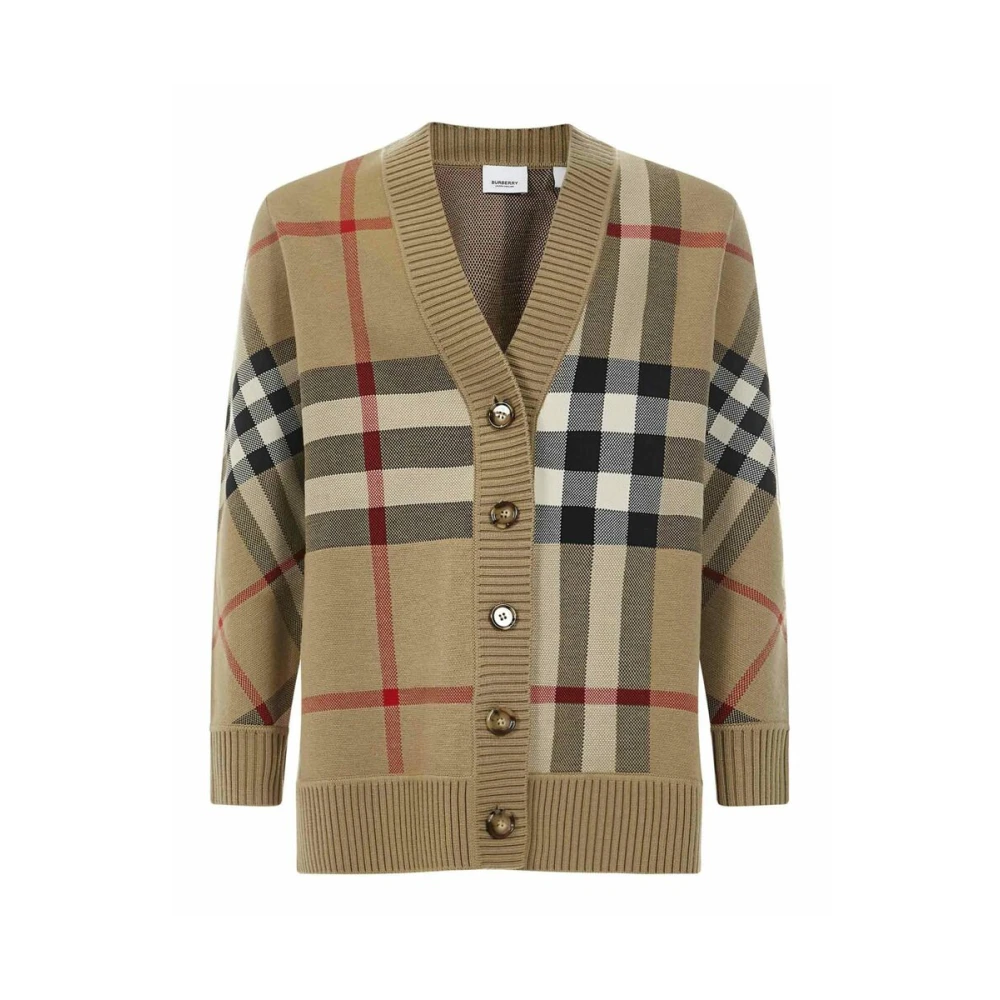Burberry Women's Beige Check Technical Wool Jacquard Cardigan - Cardigans - L - Knitwear