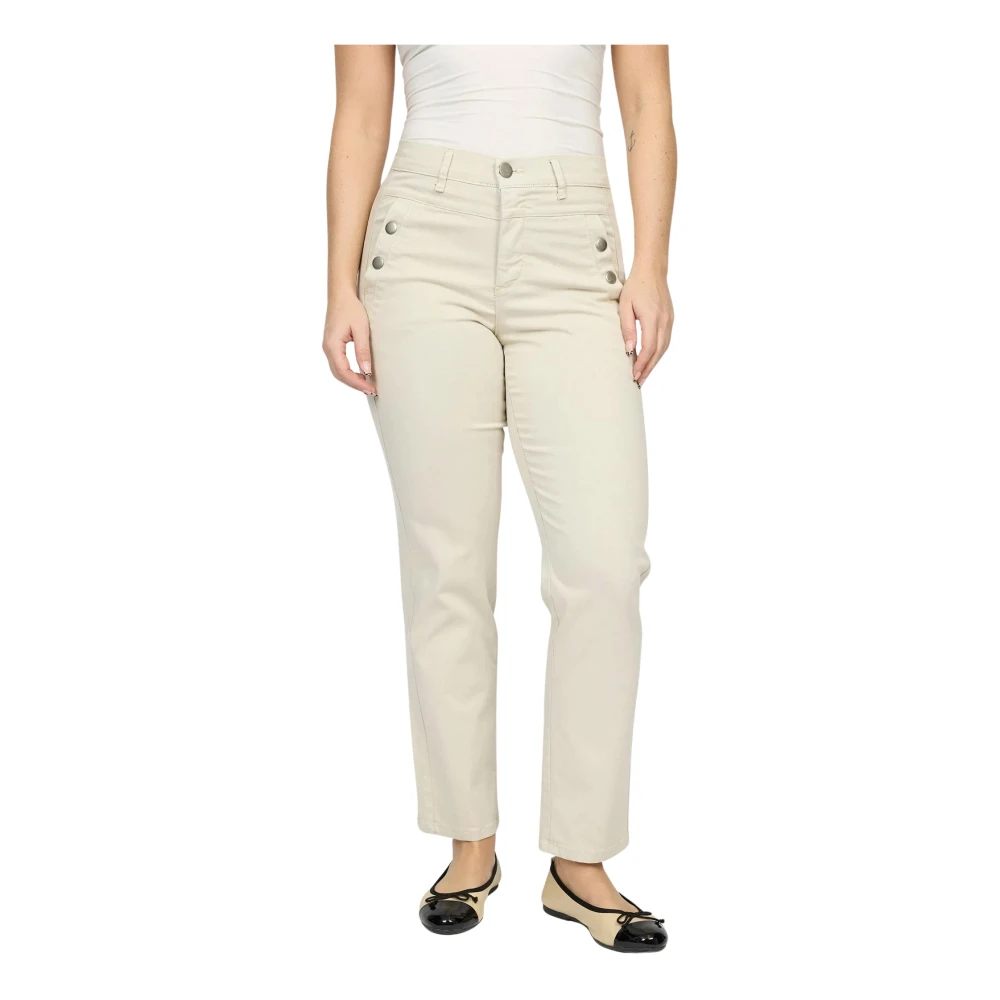 2-Biz Mujer Beige - Pantalones Elásticos De Cintura Alta Con Botones Laterales - Trousers - Xl - Pantalones Elásticos De Cintura Alta Con Botones Laterales