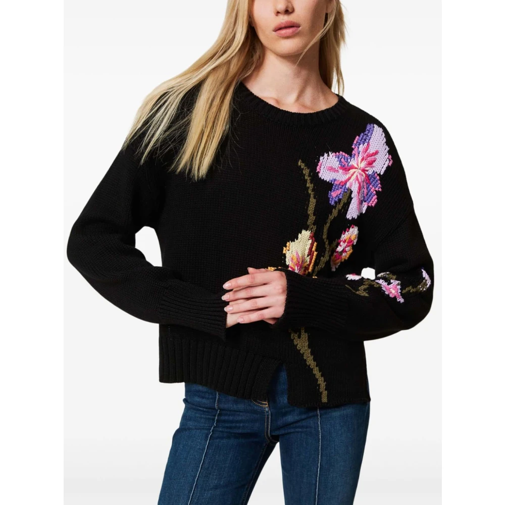 Twinset Zwarte Crew Neck Sweaters met Split Black Dames