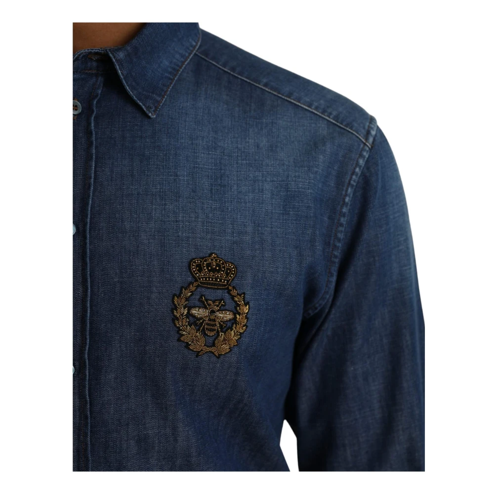 Dolce & Gabbana Blauwe Bij Embleem Denim Shirt Blue Heren