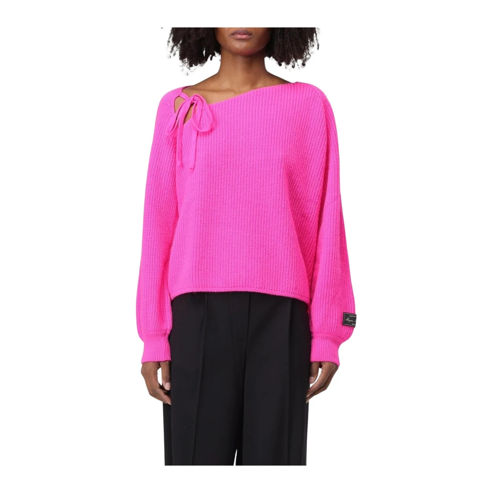 Msgm Women's Pink Round-Neck Knitwear, L, Ribknit Tieneck Jumper
