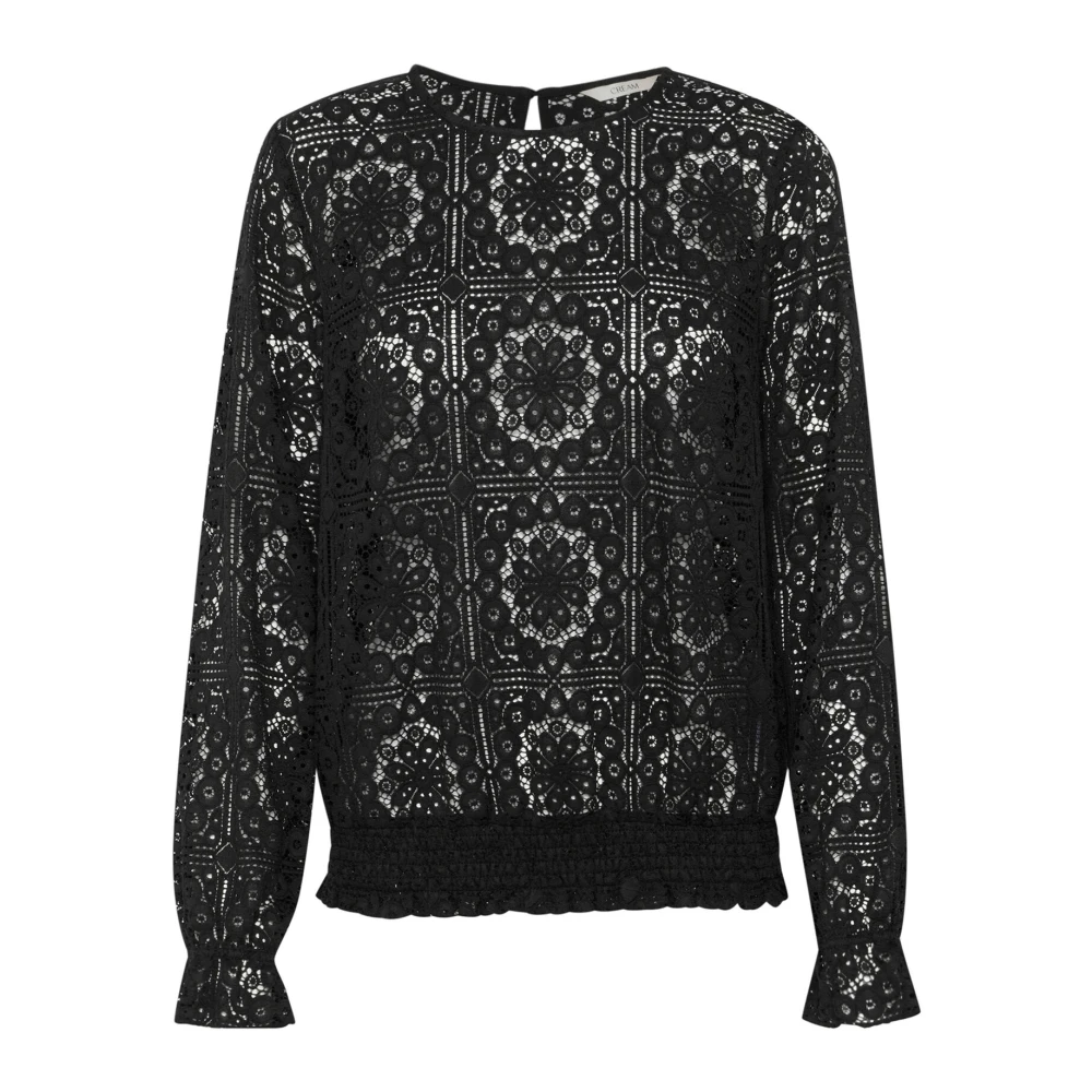 Cream Zwarte Blouse met Smock Taille en Kant Black Dames