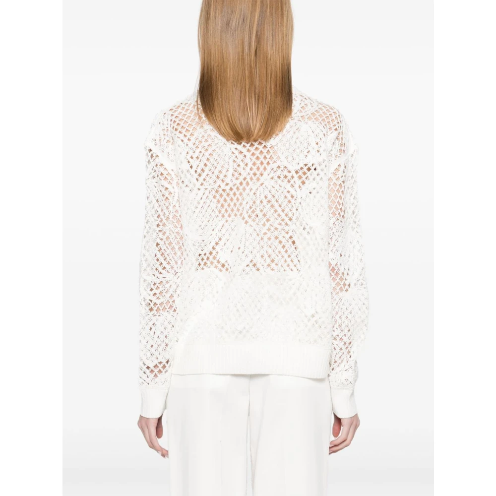 Max Mara Witte Geribbelde Trui Ronde Hals Lange Mouwen White Dames