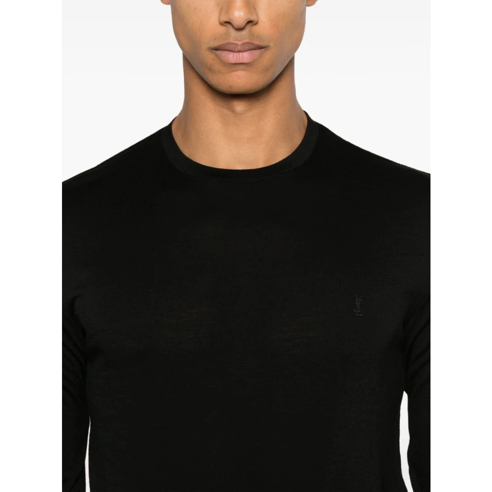 Saint Laurent Zwart T-shirt van woljersey met geborduurd logo Black Heren