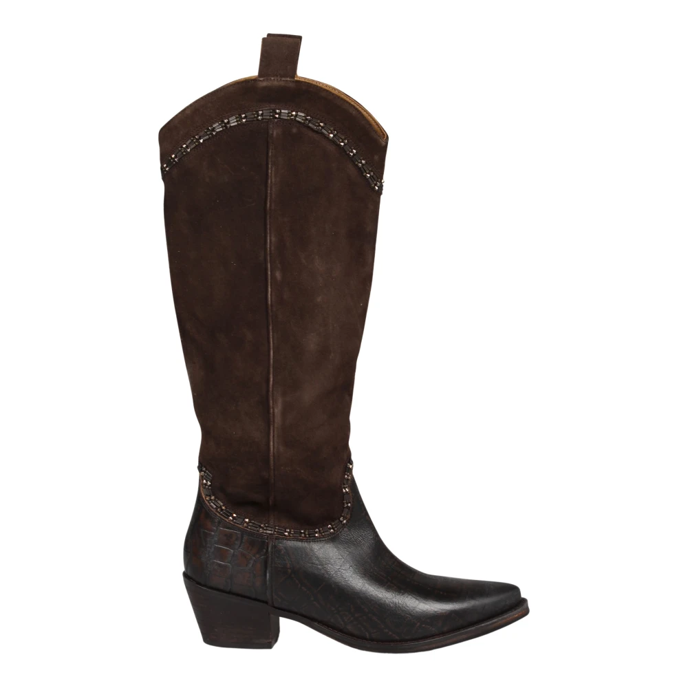 Coral Blue Mocka Cowboy Boots med Tryckt Läder Brown, Dam