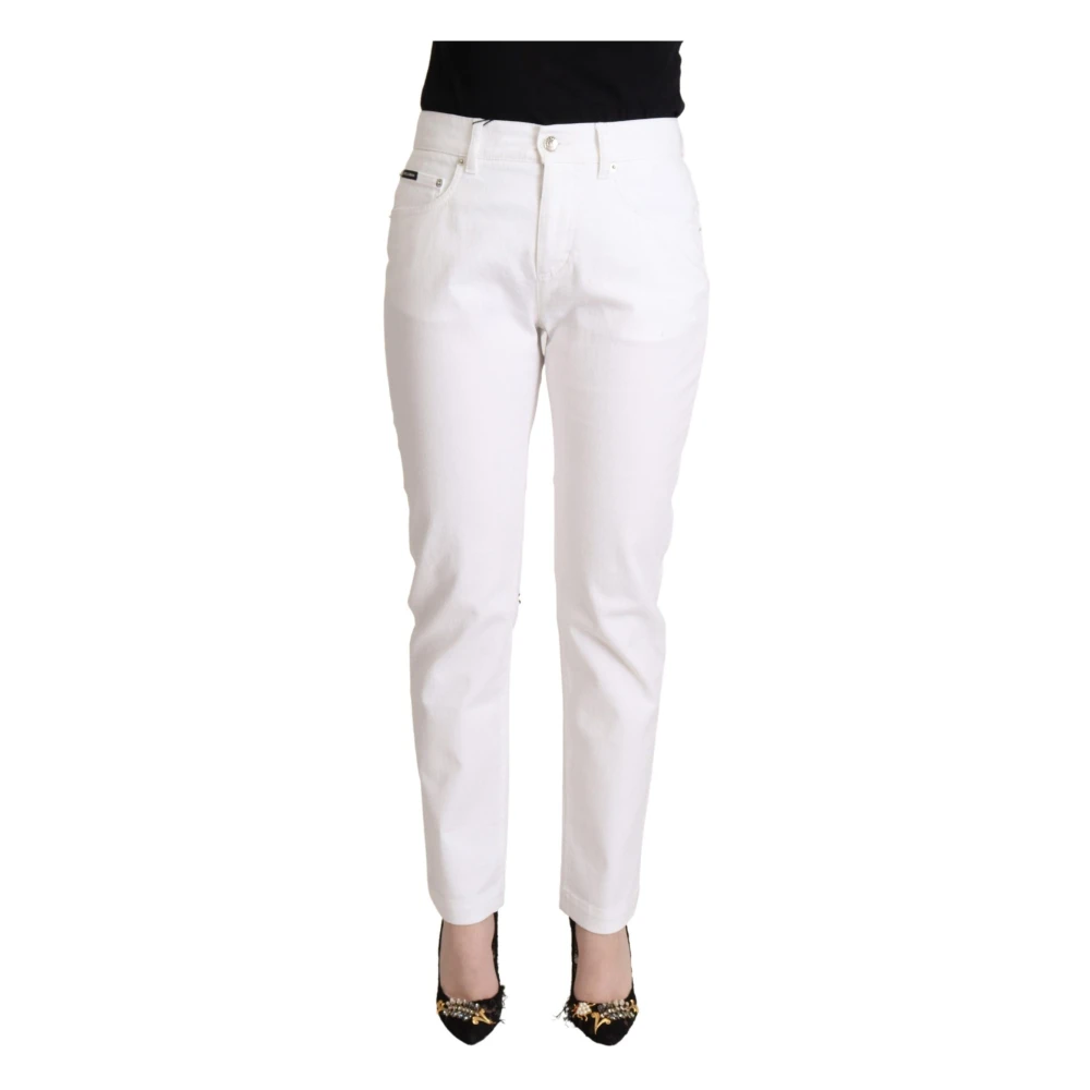 Dolce & Gabbana White Chic Tapered Denim Jeans With Logo Patch - Female - Slim Fit Jeans - S - Jeans