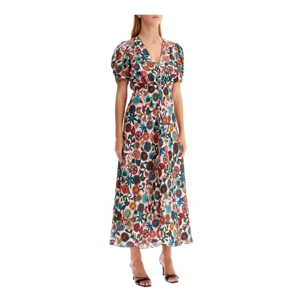 Saloni Bloemenprint zijden lange jurk met knopen Multicolor Dames