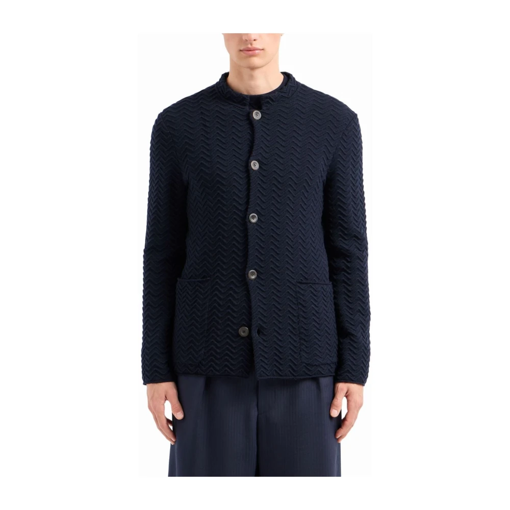 Giorgio Armani Blauwe Wollen Blend Geborduurde Jas Blue Heren