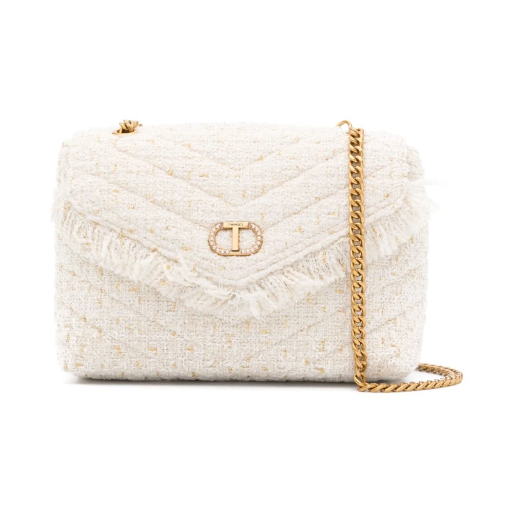 Twinset Chique Tweed Schoudertas met Franje Klep White Dames