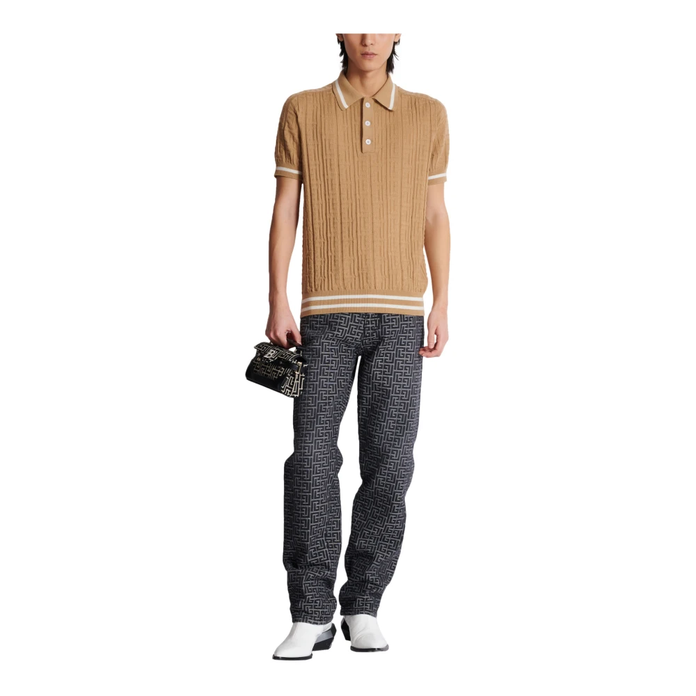 Balmain PB Labyrinth Wollen Poloshirt Beige Heren