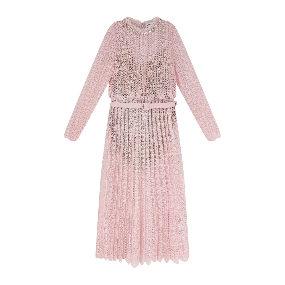 Self Portrait Women's Pink Midi Dresses, L, Organza Lace Midi Dress
