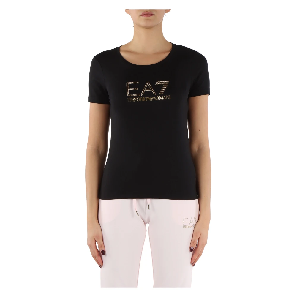 Emporio Armani EA7 Katoenen en Modale T-shirt met Voorlogo Black Dames