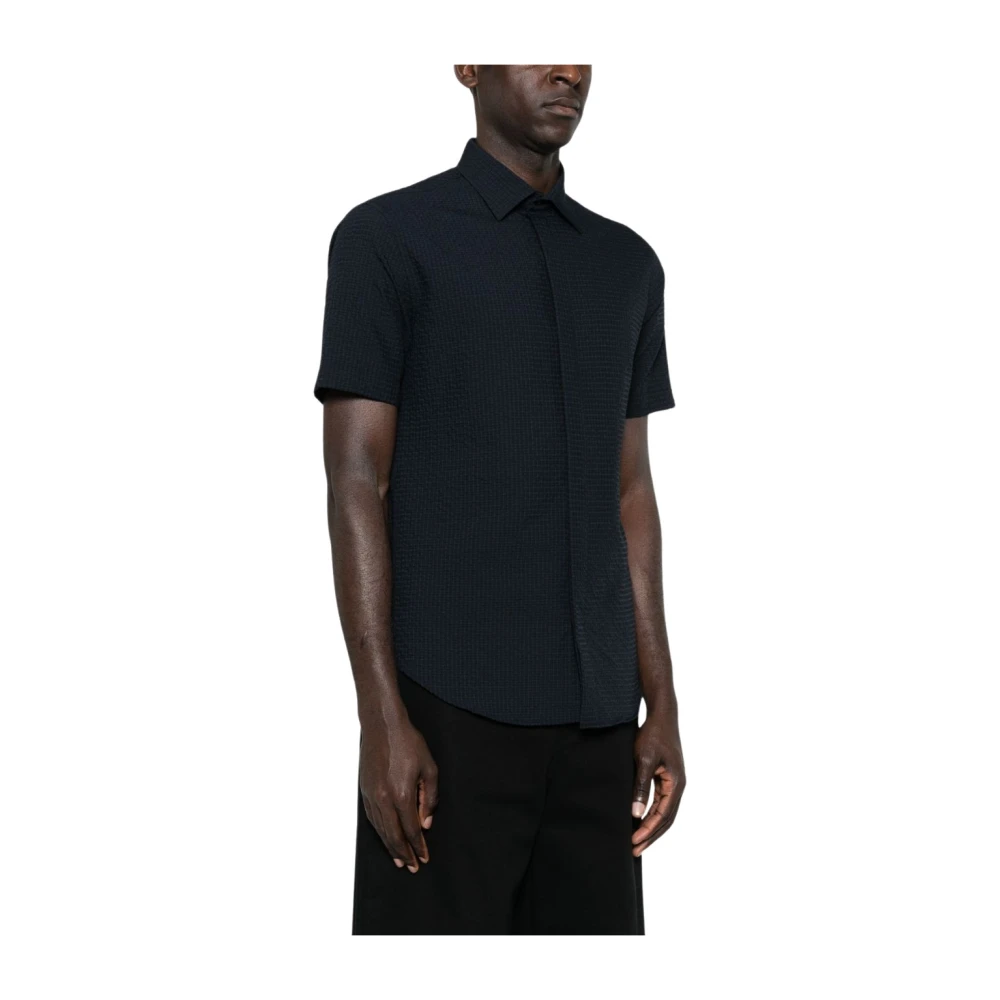 Emporio Armani Mannelijk Blauw Overhemden Heren, Xl, Icon Short-Sleeved Technical Seersucker Shirt