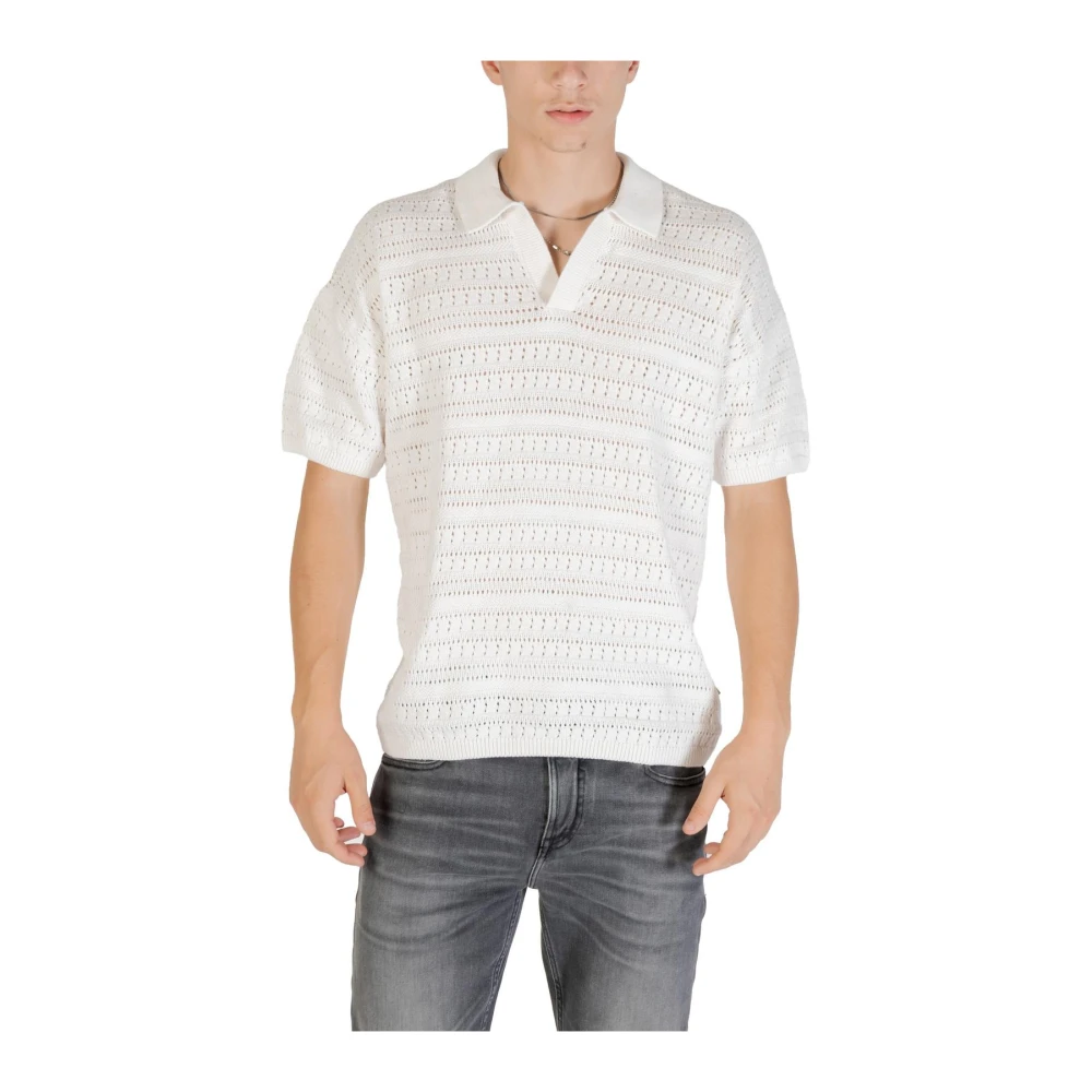 Only & Sons Men's White V-Neck Polo Knitwear Short Sleeves - Polo Shirts - M- Tops