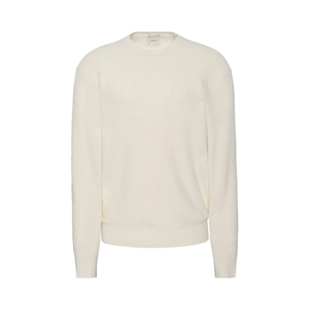 Calvin Klein Men's White Textured Relaxed Jumper - Round-Neck Knitwear - L - Knitwear