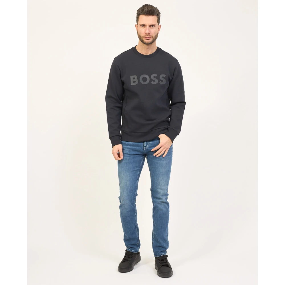 Boss Blauwe Crewneck Sweater Logo Print Blue Heren