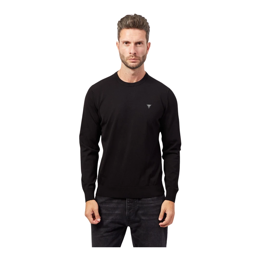 Guess Zwarte Crewneck Sweater Logo Ribbed Zoom Black Heren