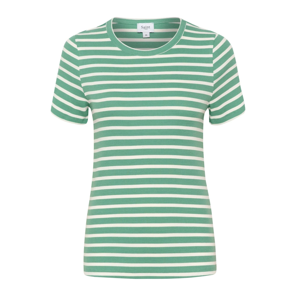 Saint Tropez Randig T-shirt Topp Frosty Spruce Multicolor, Dam