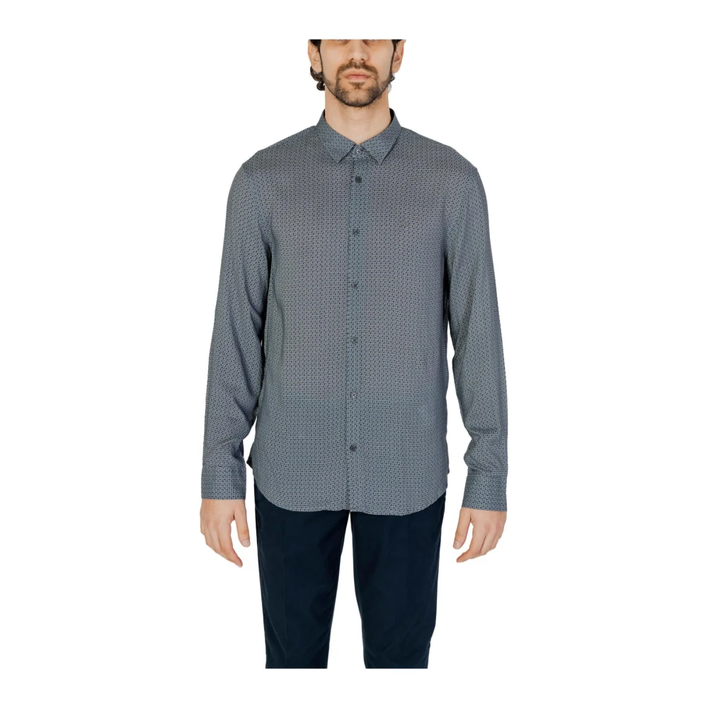 Armani Exchange Herr Grå Skjortor S, Linne, Geometricprint Woven Shirt