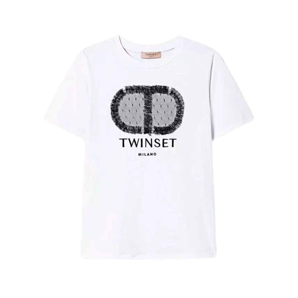 Twinset Normaal T-shirt met Ovaal T en Kant White Dames