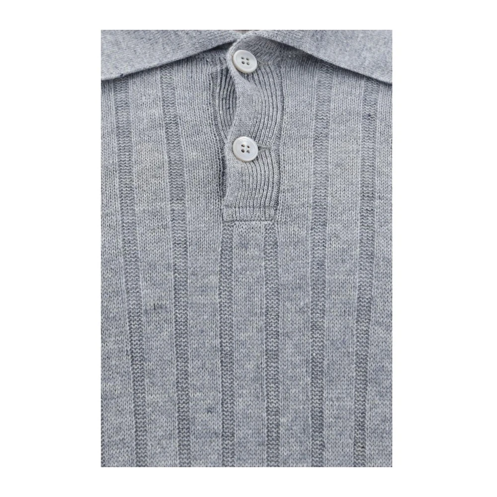 BRUNELLO CUCINELLI Monochrome Geribbelde Linnen Polo Shirt Gray Heren