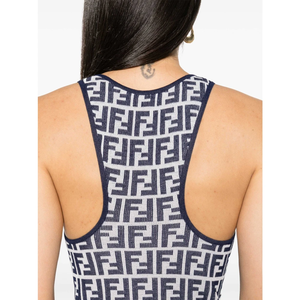 Fendi Jacquard Logo Mouwloze Top Blue Dames