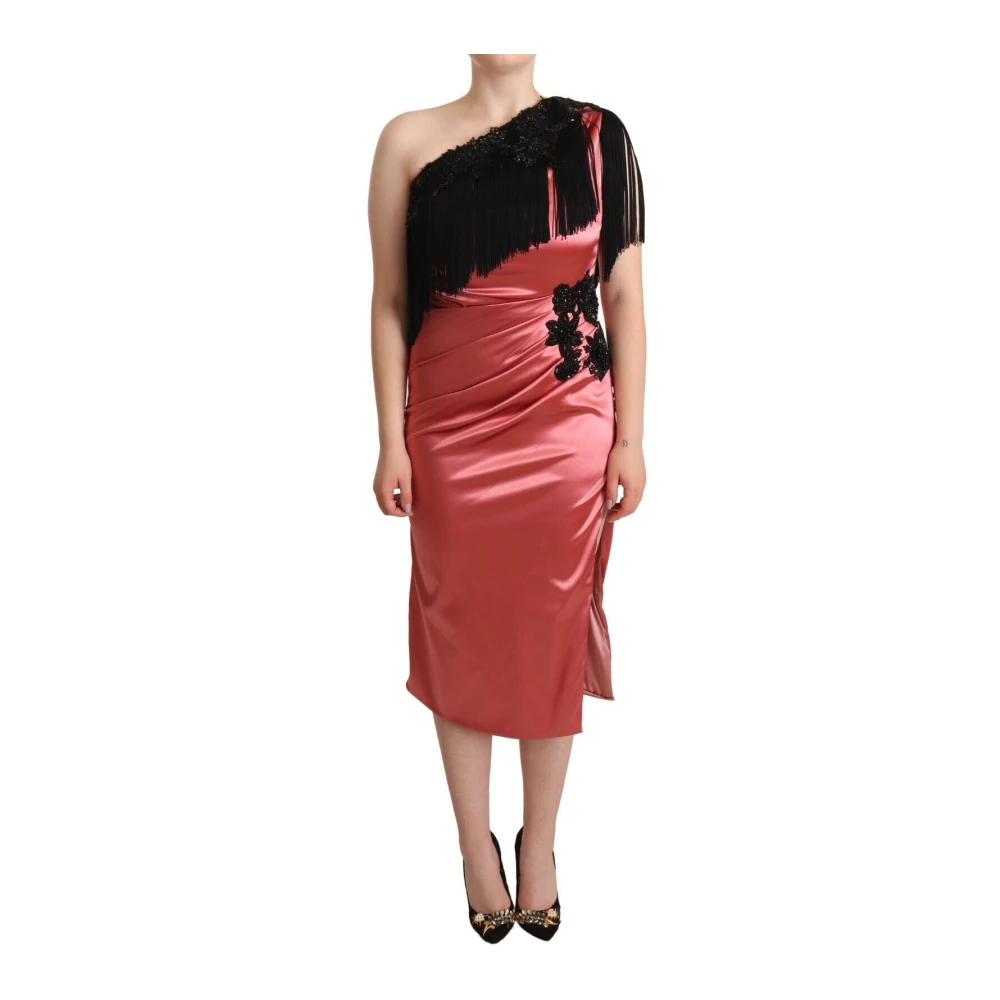 Dolce & Gabbana , Party Dresses, Female, Pink, M, One-Shoulder Silk Tassel Fringe Gown Mid Dress