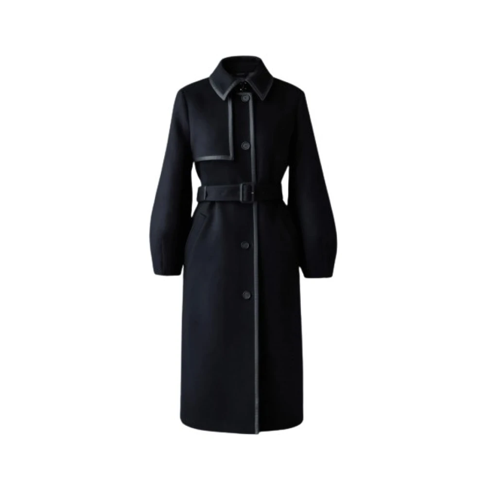 Mackage Zeva Lange wollen ballonmouw trenchcoat met leren detail Black Dames