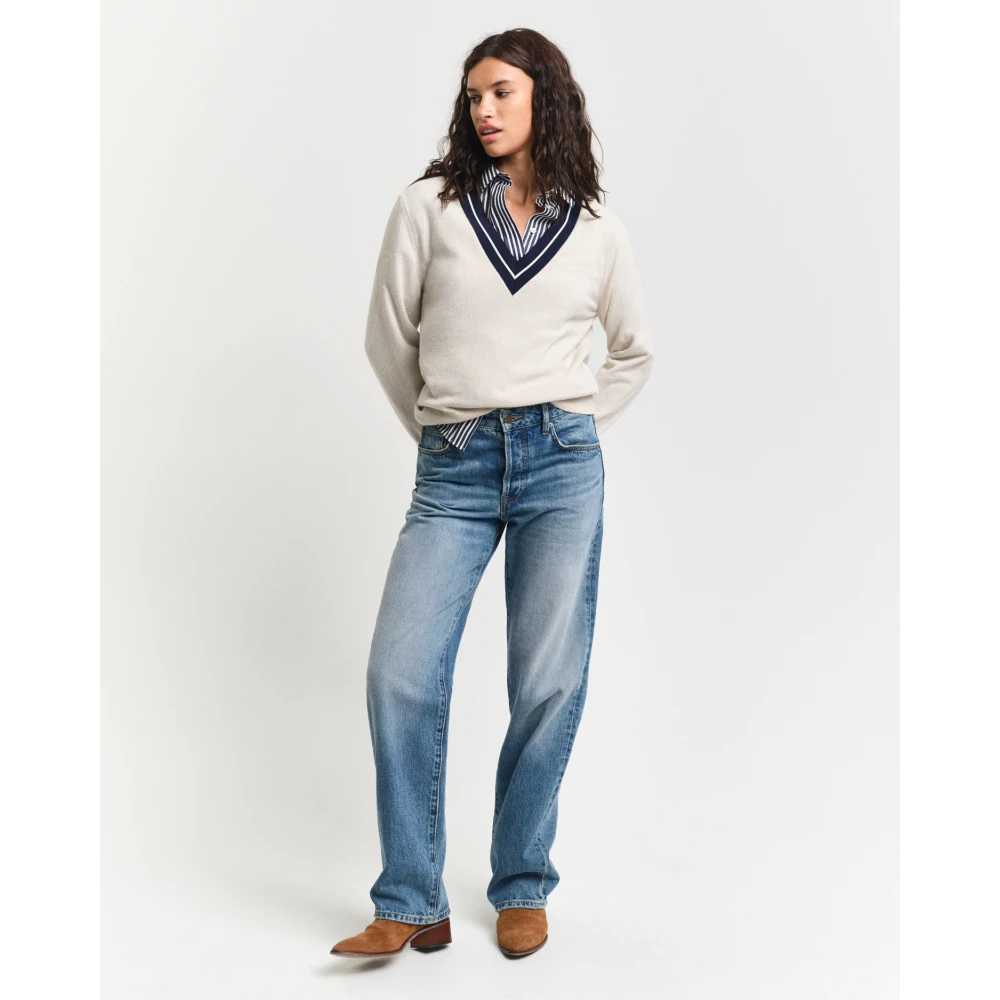 Gant Contrast V-Neck Pullover Beige Dames