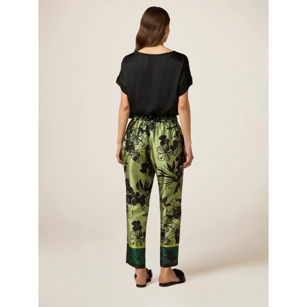Oltre Satin broek met bladeren Green Dames