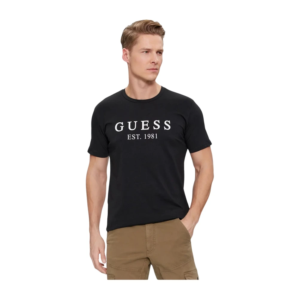 Guess Stretch katoenen T-shirt Zwart Ronde hals Korte mouw Black Heren