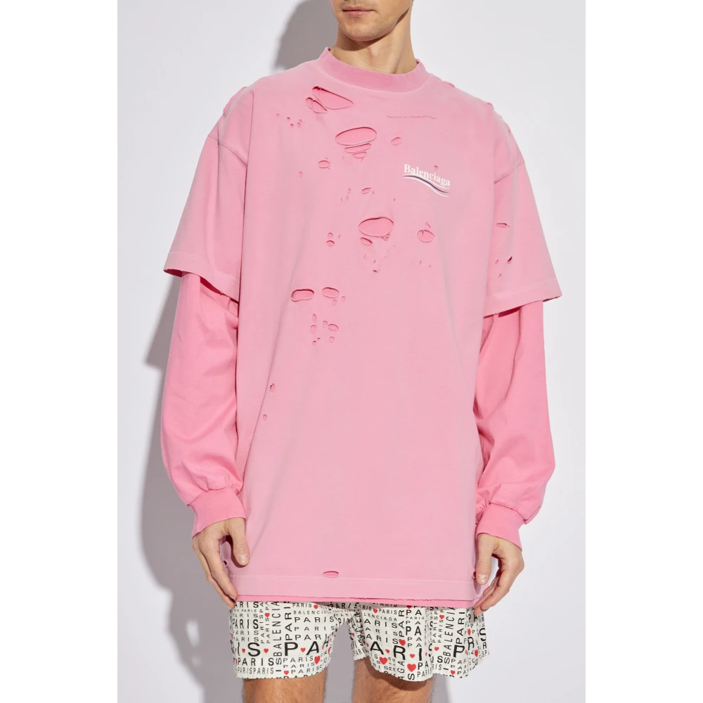 Balenciaga Destroyed Layered T-shirt met Lange Mouwen Pink Heren