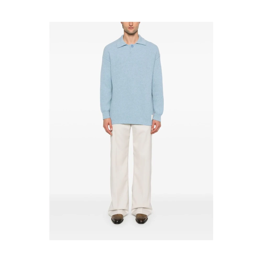 Emporio Armani Lichtblauwe Ribgebreide Polo Sweater Blue Heren