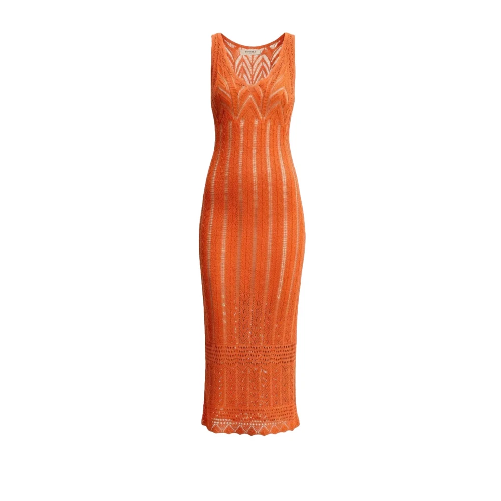 Twinset Women's Orange Knitted Dresses, M, Cotton V-Neck Dress