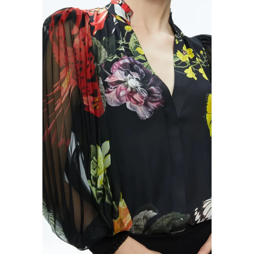 alice + olivia Satin Finish V-Neck Balloon Sleeve Shirt Multicolor Dames