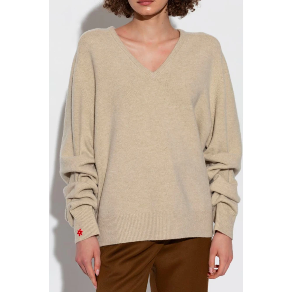 TORY BURCH Geborduurde V-hals Wollen Trui Beige Dames