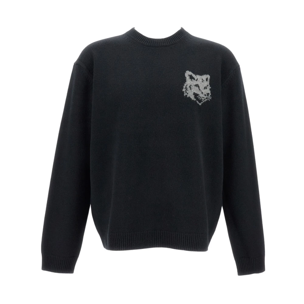 Maison Kitsuné Men's Black Round-Neck Knitwear, L, Fox Head Intarsia Merino Jumper