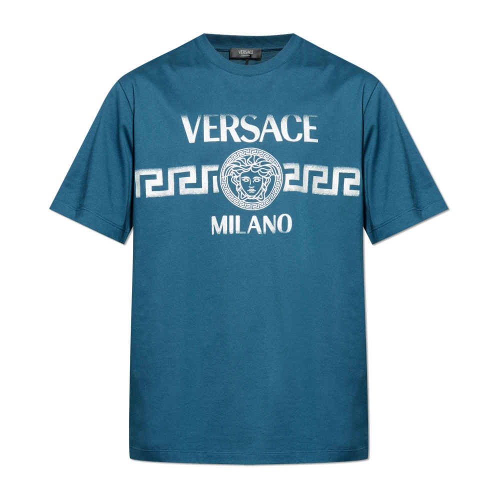 Versace - Camiseta Regular De Algodón Con Estampado - Tops - Hombre - Azul - 2XL