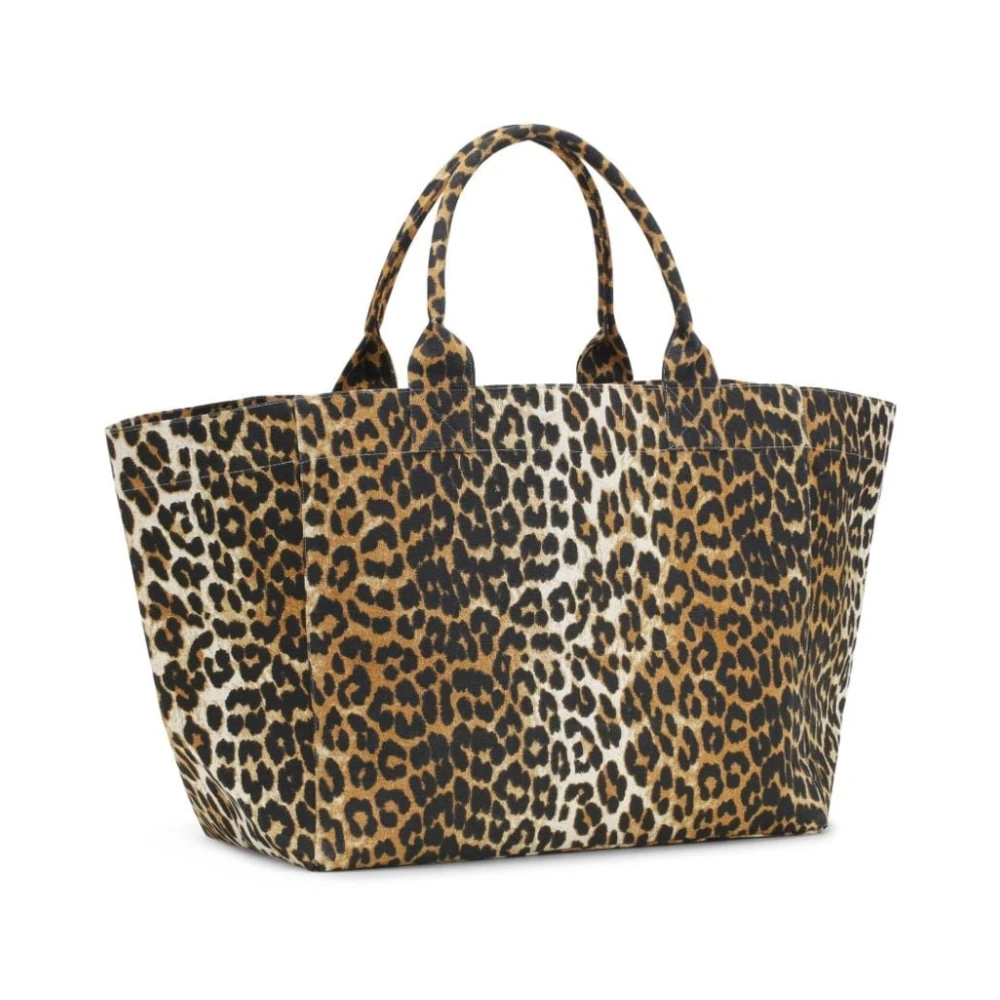 Ganni Luipaardprint Canvas Tote Tas Bruin Brown Dames