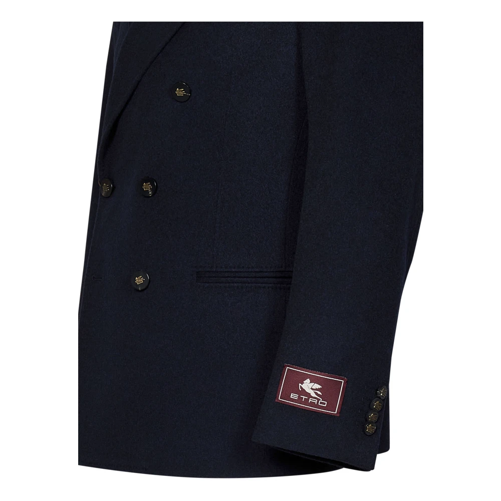 ETRO Blauwe Double-Breasted Cashmere Jas Blue Heren