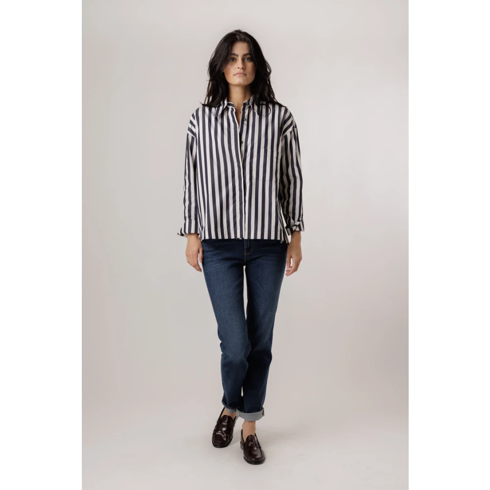 Odeeh Gestreepte Blouse met Borstzak Black Dames