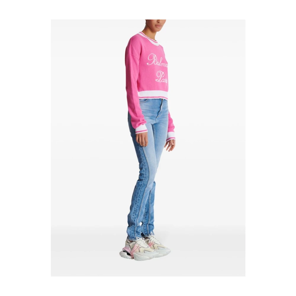 Balmain Roze Gebreide Logo Trui Pink Dames