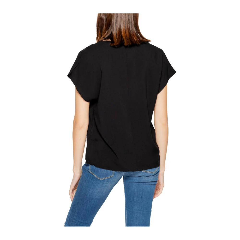 Jacqueline de Yong Zwarte V-hals korte mouw gebreide top Black Dames