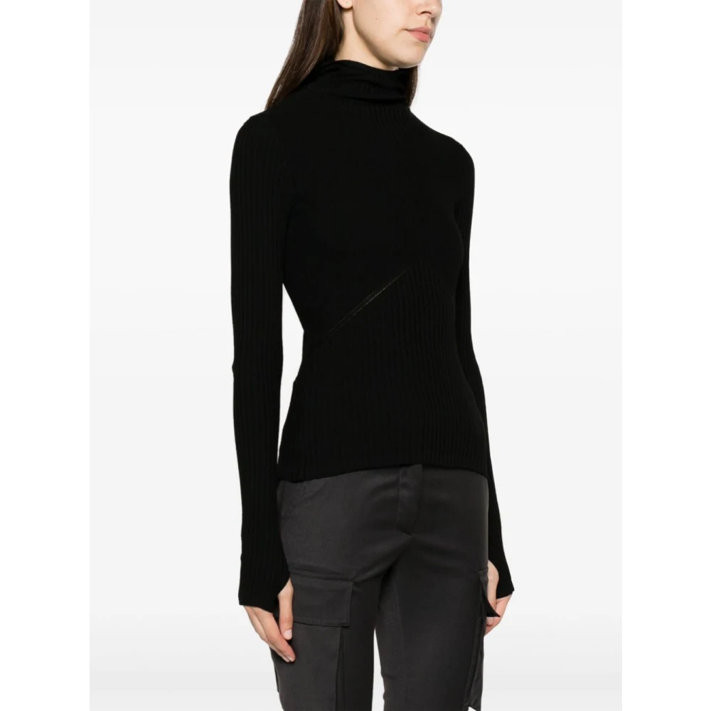 Andrea Adamo Zwarte Geribbelde Stretch Coltrui met Capuchon Black Dames