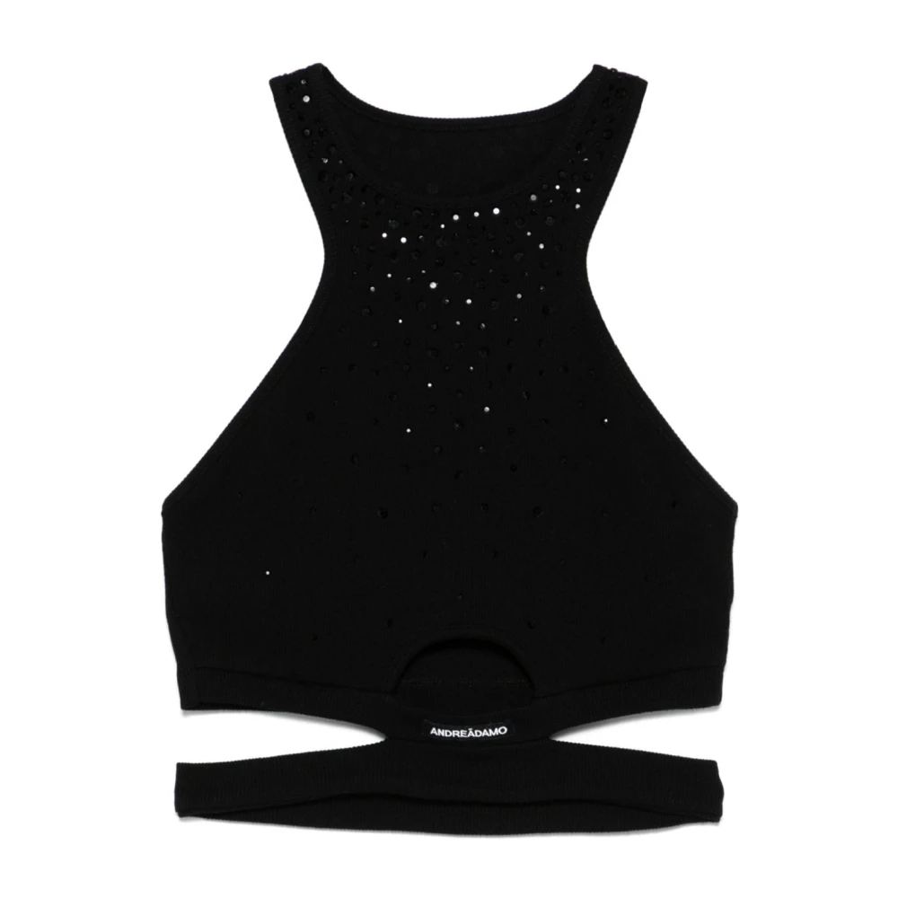 Andrea Adamo Zwarte Geribbelde Mouwloze Top met Strass Black Dames