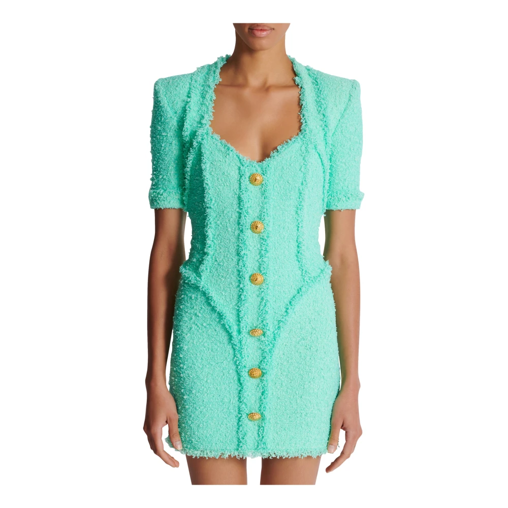 Balmain Tweed jurk met knopen Blue Dames