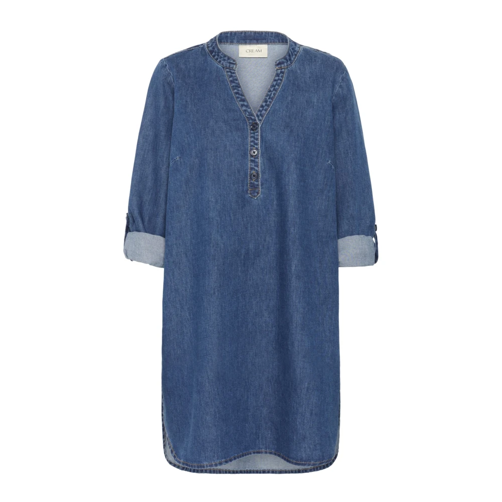 Cream Blue Short Dresses, Female, M, Denim Tunic With V-Neck And Buttons