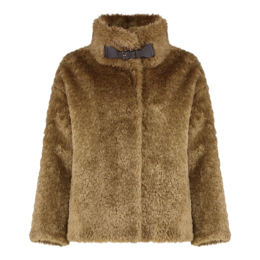 Herno Vrouw Bruin Nep Bont Jas Jacquard Voering