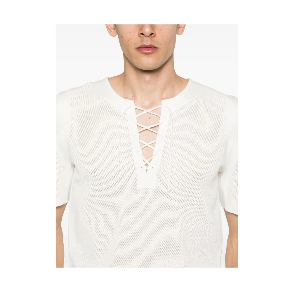 Dries Van Noten Witte Vetersluiting Korte Mouw Sweater White Heren